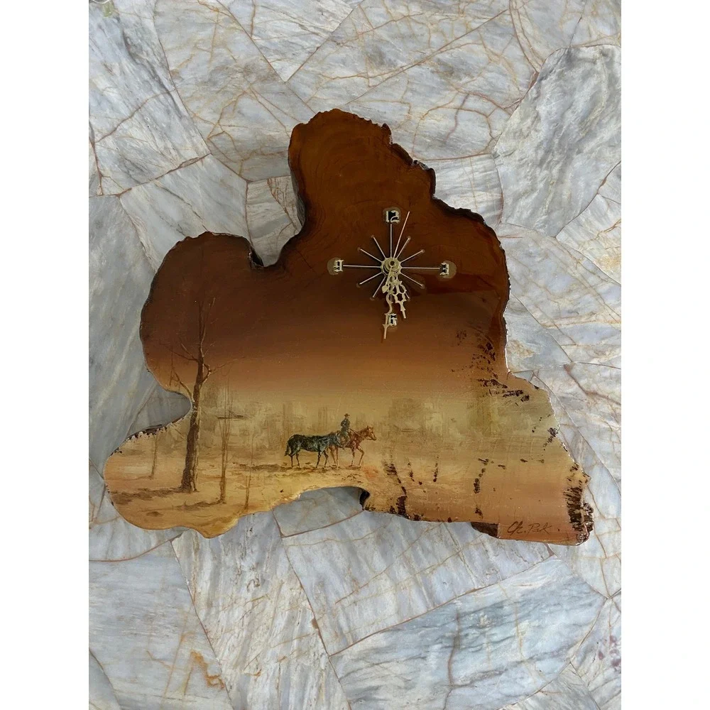 C. Rosencrans Wood Creations Vintage Live Edge Western Cowboy Wall Clock Signed